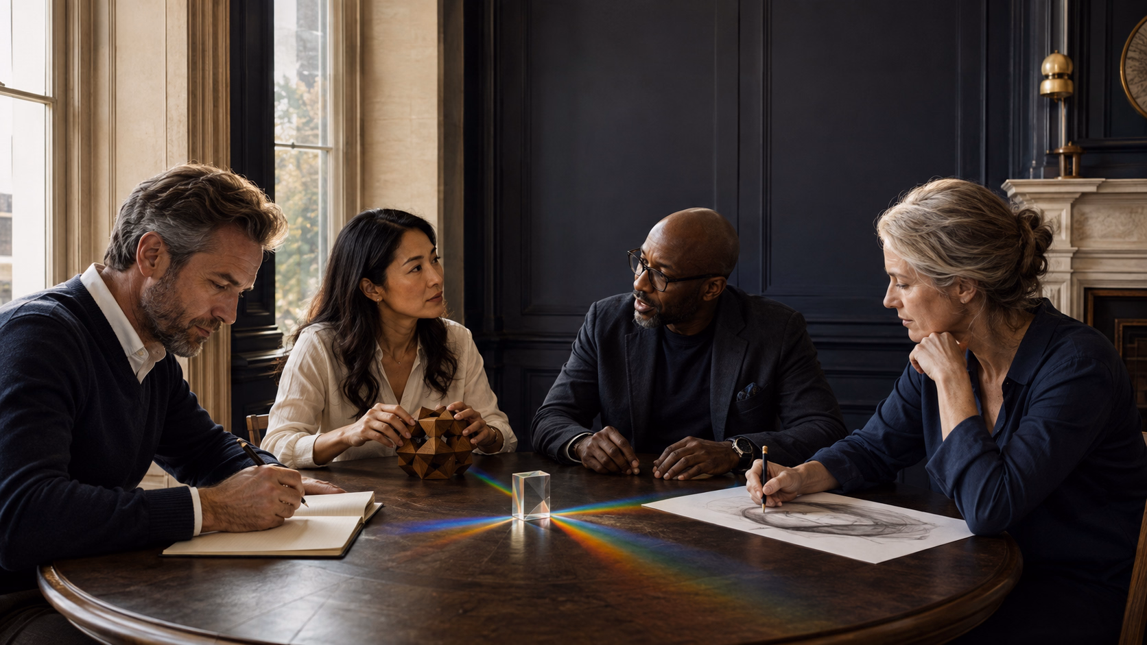 Four adults developing different types of intelligence around a table with a glass prism at its centre