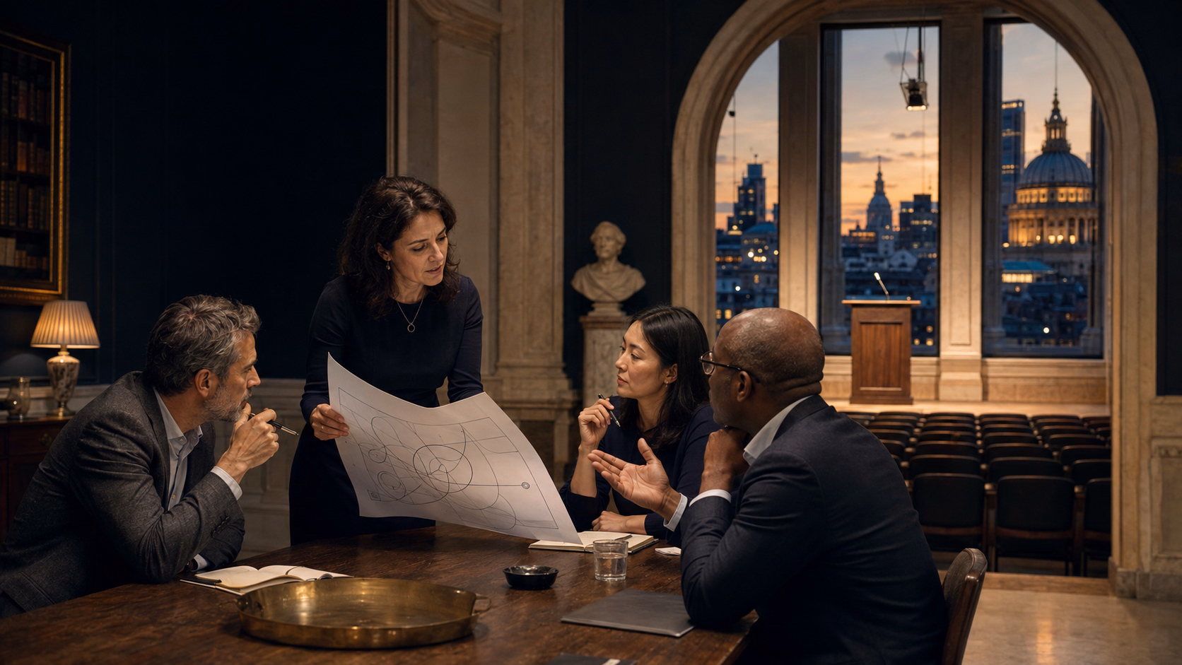 Four executives testing an expert idea in a London intellectual salon before taking it to a public stage