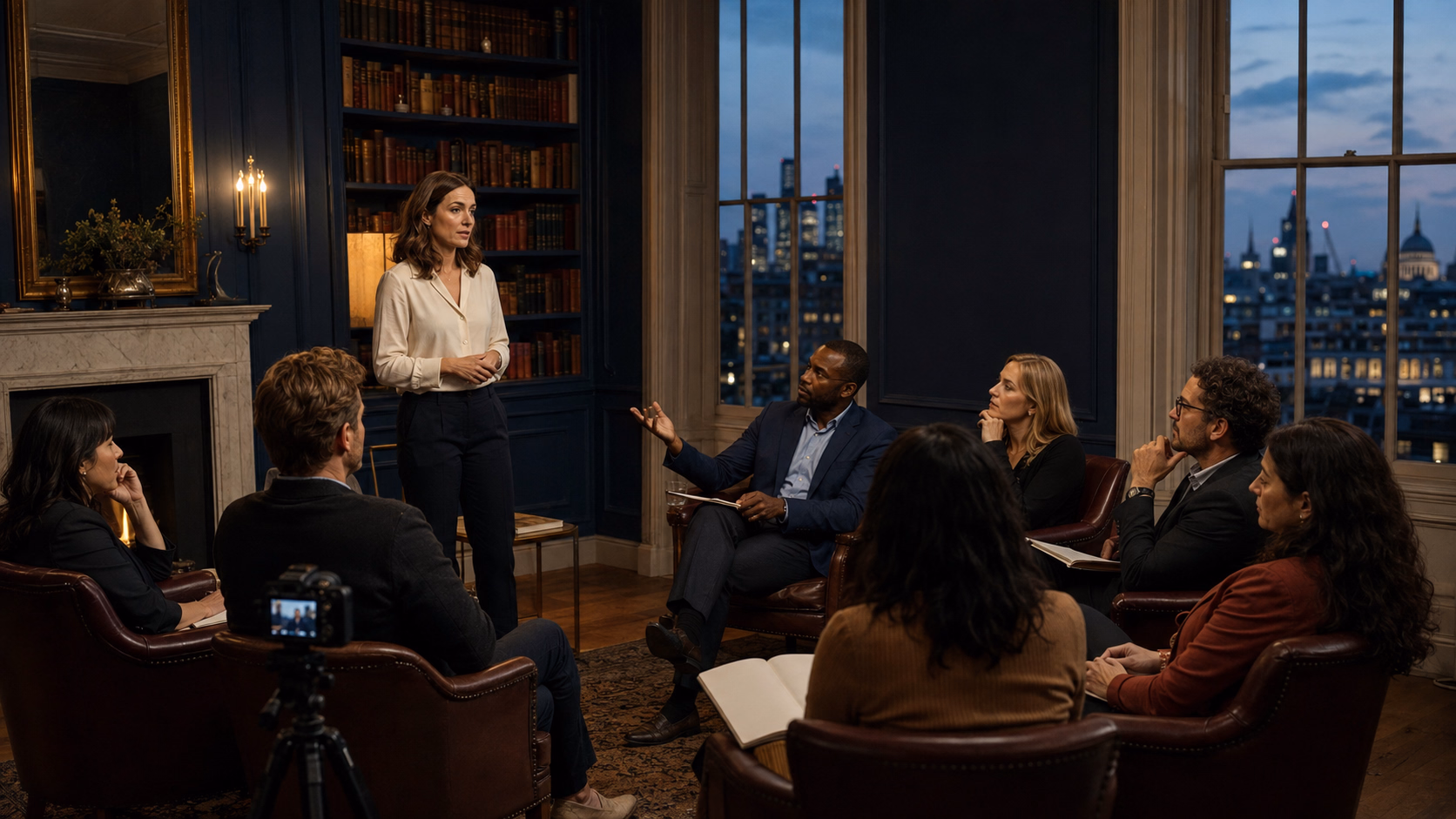An expert presents an original idea to a small intellectual audience during an intimate event in London.